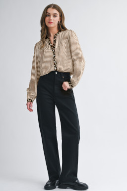 Brown Stripe Leopard Patchwork Long Sleeve Shirt