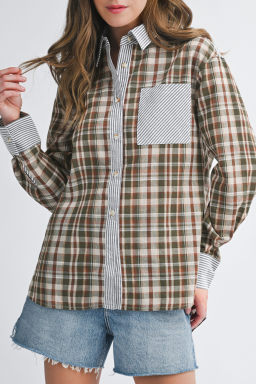 Brown Plaid Print Striped Patchwork Single Chest Pocket Buttoned Shirt
