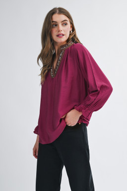Violet Leopard Trim V Neck Flounced Bracelet Sleeve Blouse