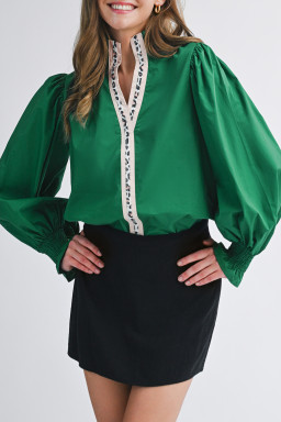 Evergreen Puffy Flounce Sleeve Leopard Trim V Neck Blouse