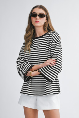 Black Striped Print Drop Shoulder Lace Trim Bracelet Sleeve Loose Top