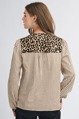 Brown Stripe Leopard Patchwork Long Sleeve Shirt