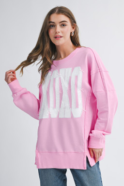 Pink Bow Sequin XOXO Letter Graphic Exposed Seam Baggy Sweatshirt