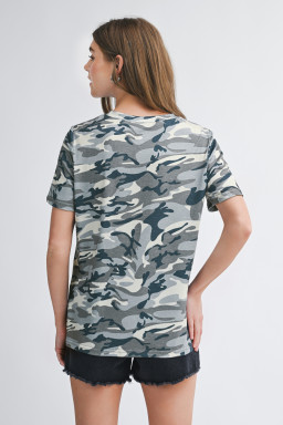 Green Camouflage Print Crew Neck T Shirt