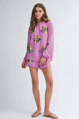 Phalaenopsis Mardi Gras Fleur de Lis Patched Corded Long Sleeve Top and Shorts