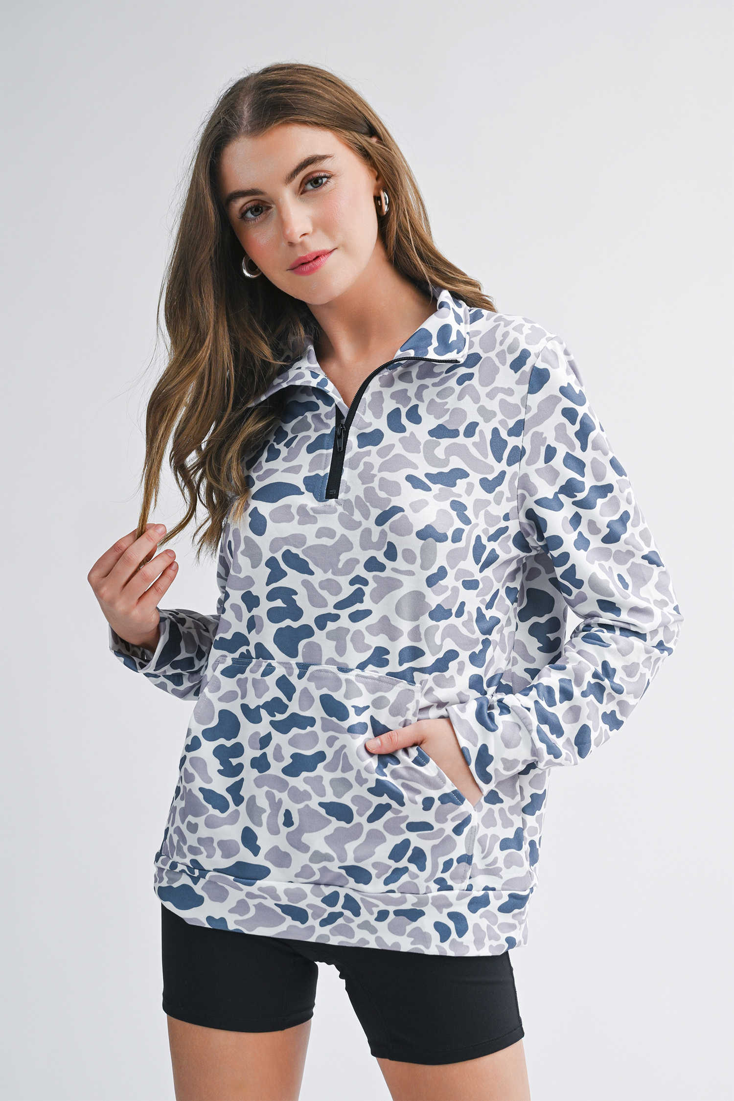 Multicolour Camouflage Print Kangaroo Pocket Zip Collar Pullover Sweatshirt