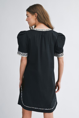 Black Leopard Trim Notched Neck Short Puff Sleeve Shift Mini Dress
