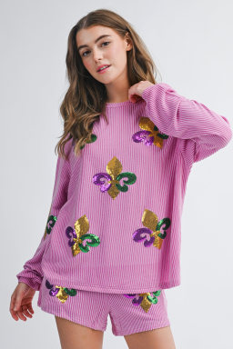 Phalaenopsis Mardi Gras Fleur de Lis Patched Corded Long Sleeve Top and Shorts