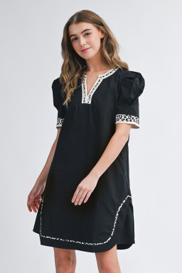 Black Leopard Trim Notched Neck Short Puff Sleeve Shift Mini Dress