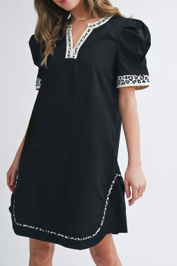 Black Leopard Trim Notched Neck Short Puff Sleeve Shift Mini Dress