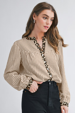 Brown Stripe Leopard Patchwork Long Sleeve Shirt