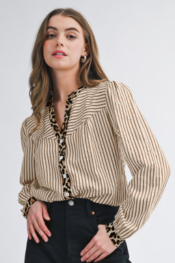 Brown Stripe Leopard Patchwork Long Sleeve Shirt