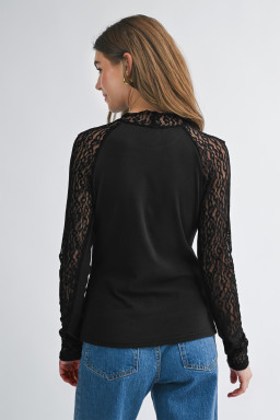 Black Leopard Mesh Patchwork Knit Long Sleeve Top
