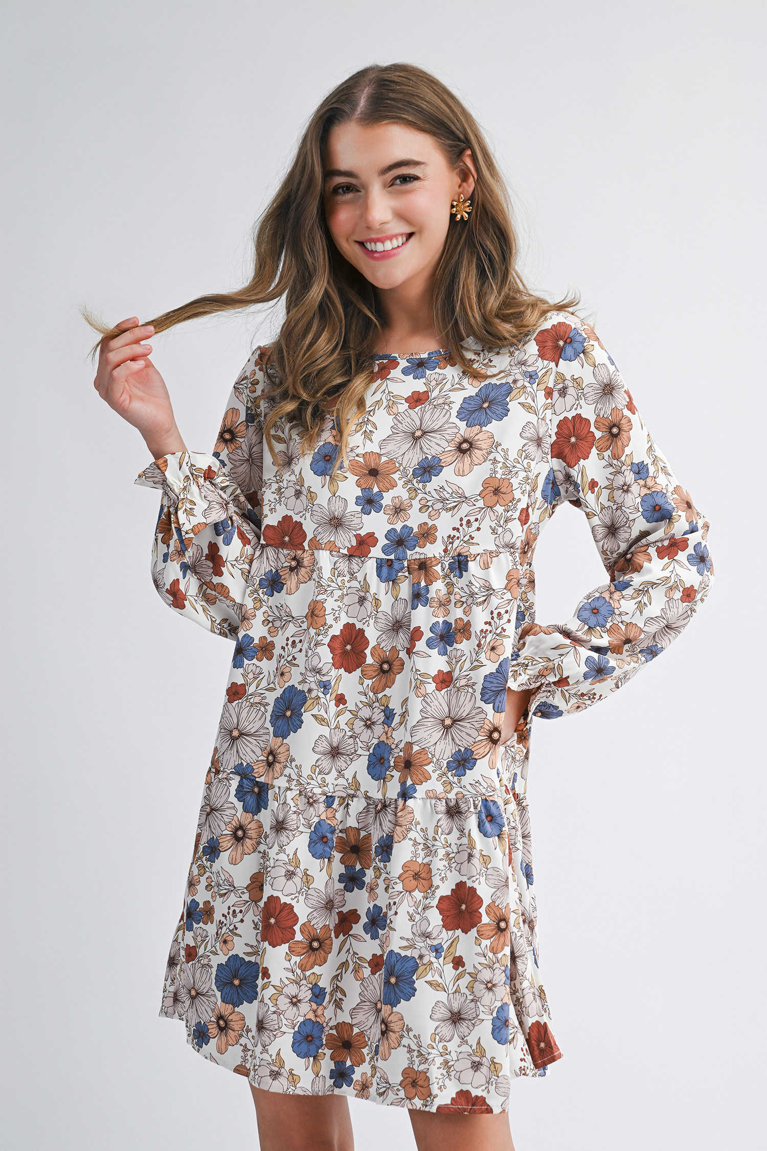 Khaki Tiered Floral Round Neck Ruffled Long Sleeve Dress