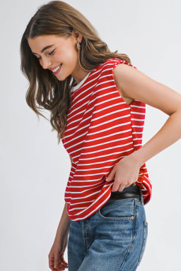 Red Stripe Ribbed Round Neck Trim Loose Tank Top