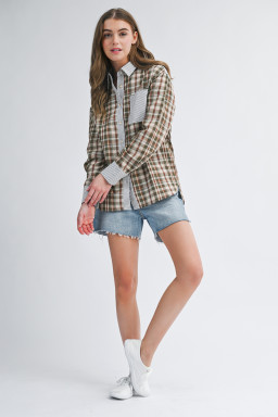 Brown Plaid Print Striped Patchwork Single Chest Pocket Buttoned Shirt