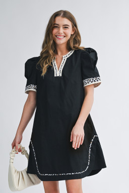 Black Leopard Trim Notched Neck Short Puff Sleeve Shift Mini Dress