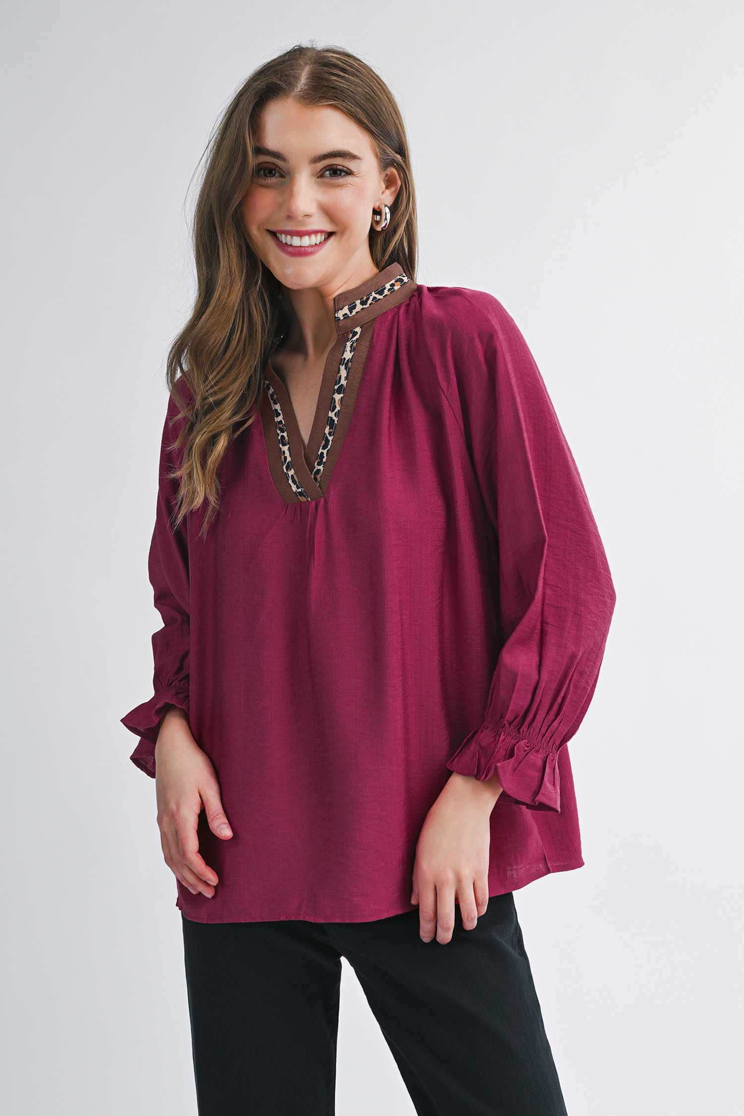Violet Leopard Trim V Neck Flounced Bracelet Sleeve Blouse