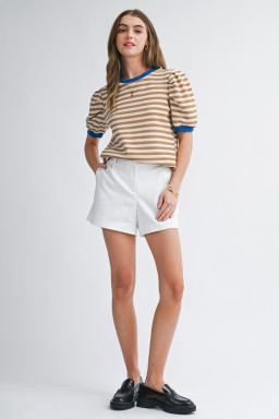 Brown Stripe Short Puff Sleeve Contrast Trim Round Neck Tee