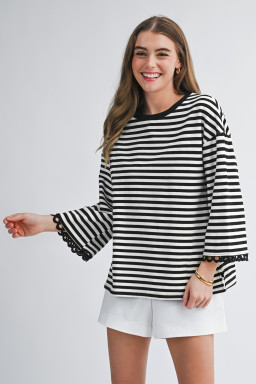 Black Striped Print Drop Shoulder Lace Trim Bracelet Sleeve Loose Top