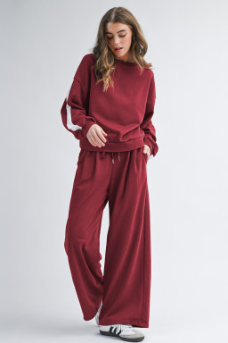 Burgundy Varsity Striped 3/4 Sleeve Pullover Drawstring Sweatpants Set