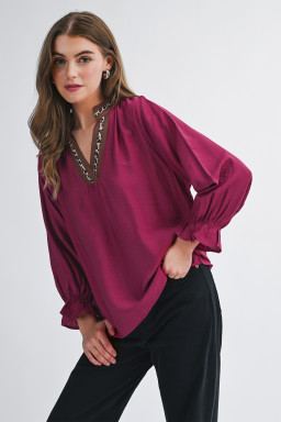 Violet Leopard Trim V Neck Flounced Bracelet Sleeve Blouse