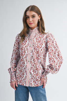 Floral Print Frilled Striped Trim Button Down Smocked Cuffs Long Sleeve Shirt