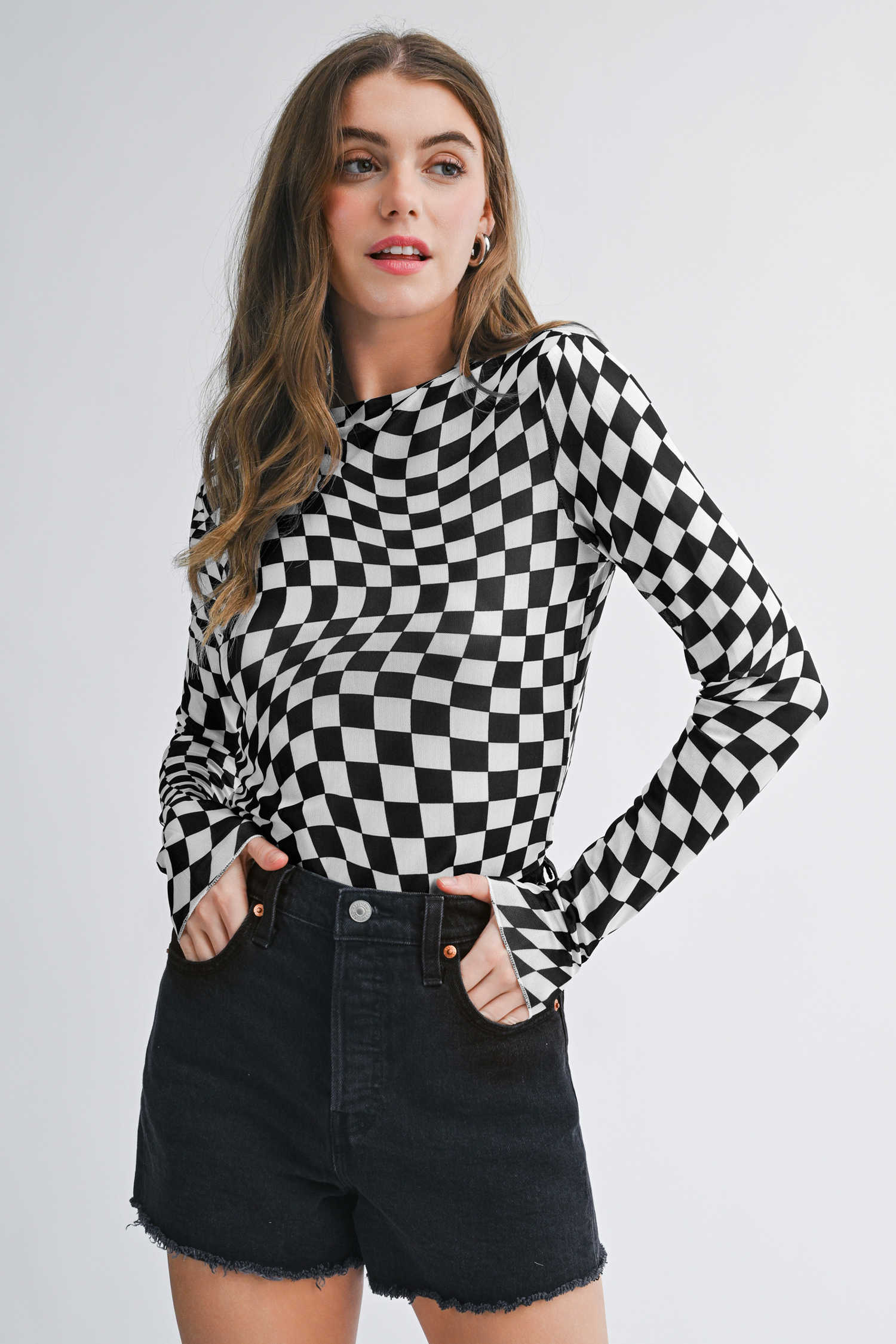Black Checkered Pattern Mesh Mock Neck Long Sleeve Top