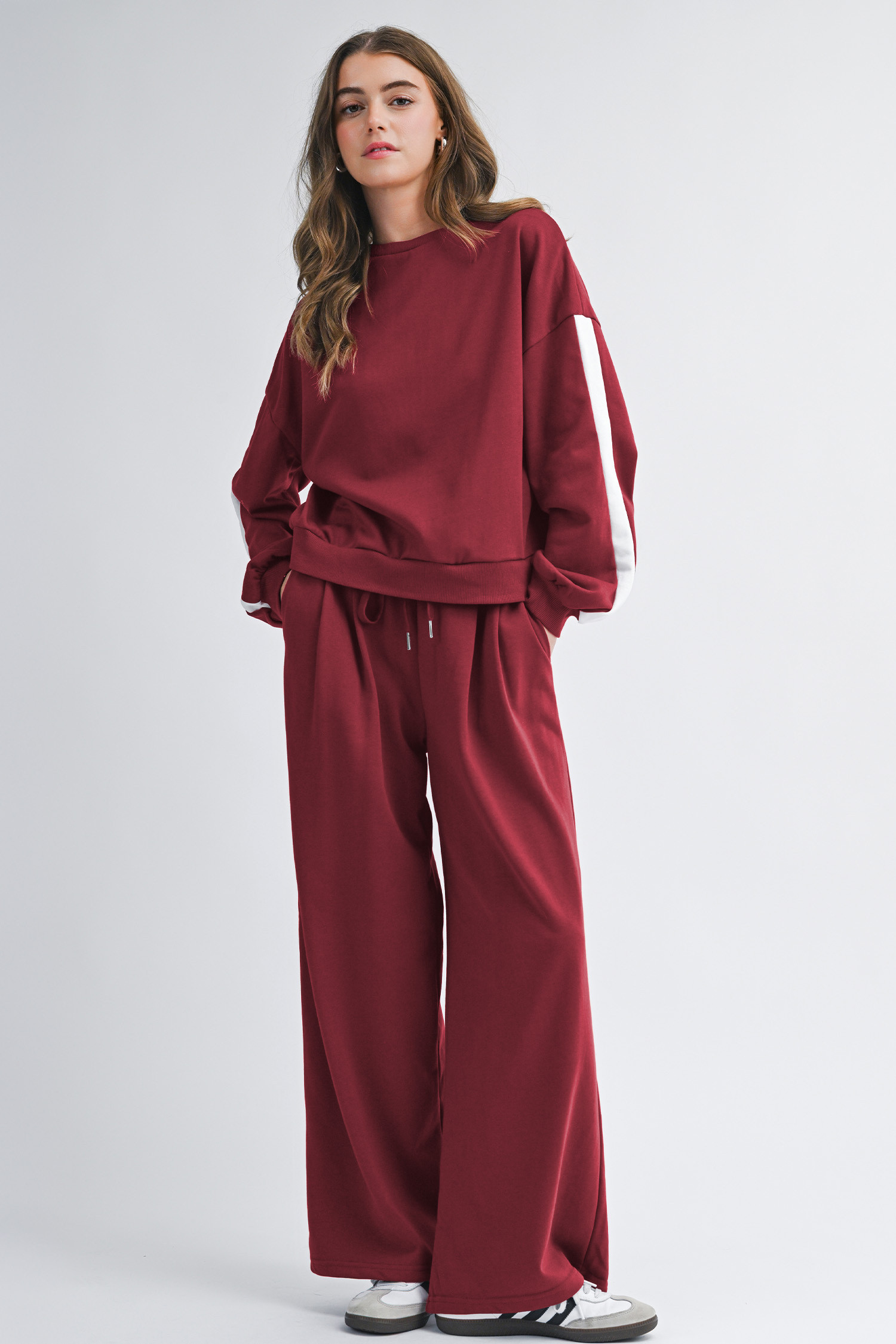 Burgundy Varsity Striped 3/4 Sleeve Pullover Drawstring Sweatpants Set