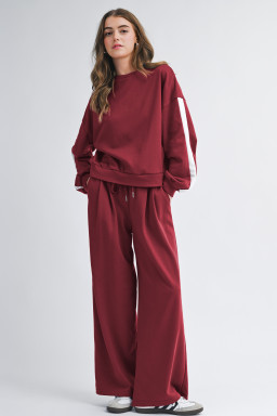 Burgundy Varsity Striped 3/4 Sleeve Pullover Drawstring Sweatpants Set