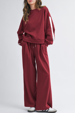 Burgundy Varsity Striped 3/4 Sleeve Pullover Drawstring Sweatpants Set