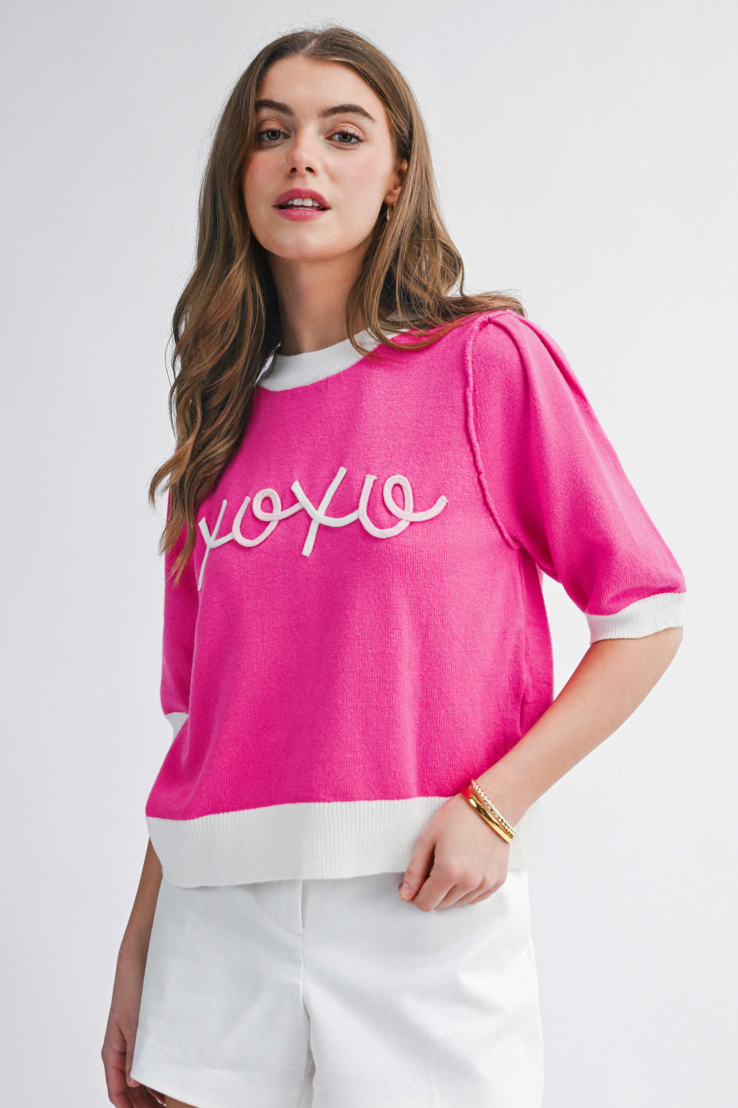 Bright Pink XOXO Embroidered Graphic Valentines Contrast Trim Crew Neck Short Puff Sleeve Sweater Tee