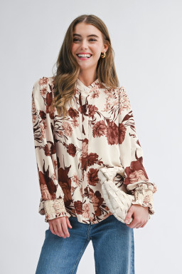 Brown Floral Print Button Down Poet Sleeve Shirt