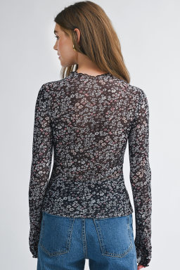 Black Ditsy Floral Mesh Thumbhole Sleeve Slim Fit Top