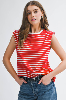 Red Stripe Ribbed Round Neck Trim Loose Tank Top