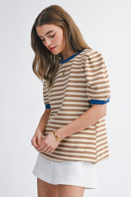 Brown Stripe Short Puff Sleeve Contrast Trim Round Neck Tee