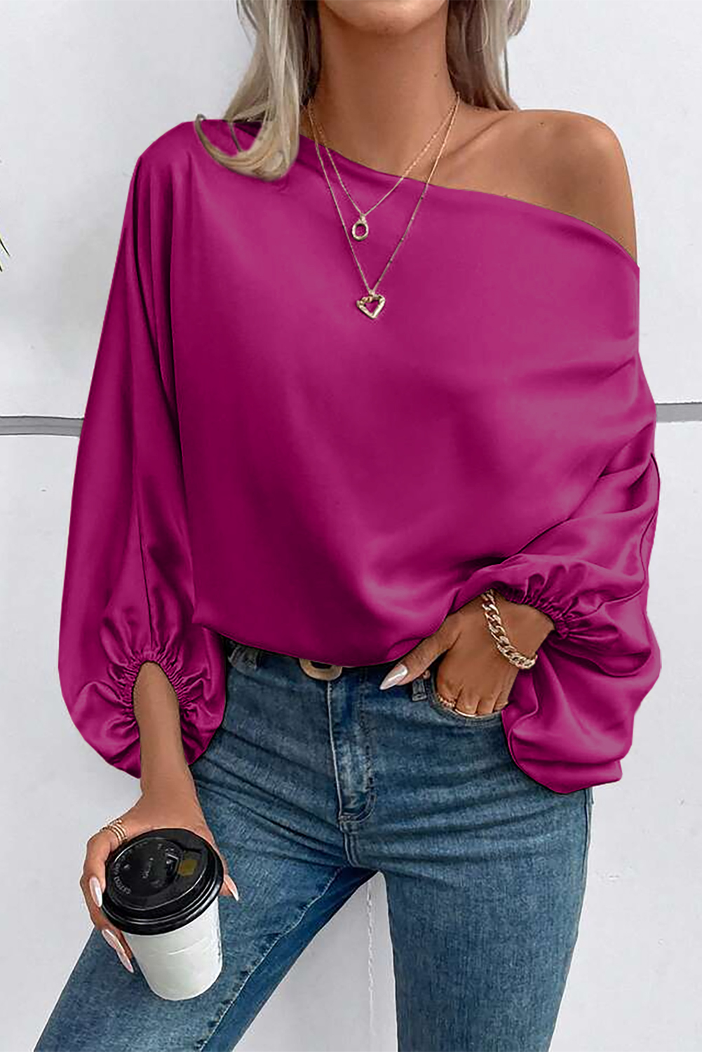 Flower & Sparkle Asymmetric Neck Satin Blouse