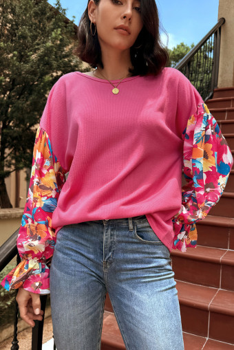 Sachet Pink Flower Patchwork Ruffled Sleeve Ribbed Knit Drop Shoulder Top