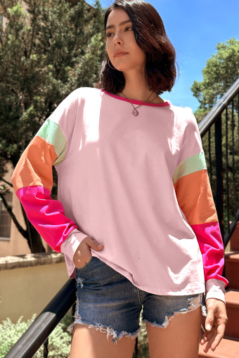 Pink Colorblock Patchwork Long Sleeve Loose Top