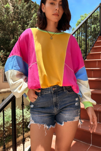 Grapefruit Orange Colorblock Patchwork Exposed Stitching Oversize Top