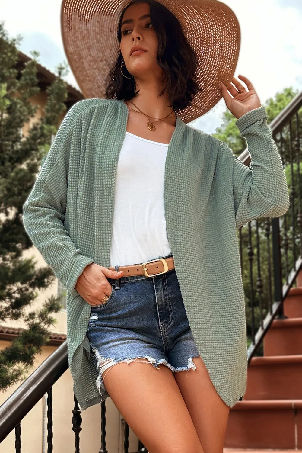 Laurel Green Waffle Knit Open Front Cardigan