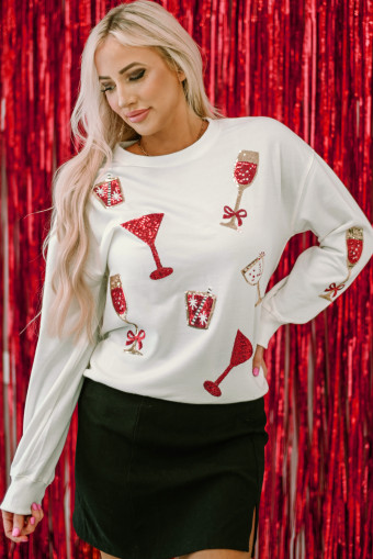 Beige Sequin Cheers Wineglasses Christmas Sweatshirt