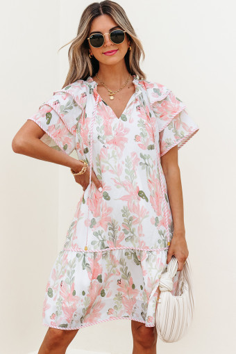 Pink Floral Contrast Edge Layered Short Sleeve Mini Dress
