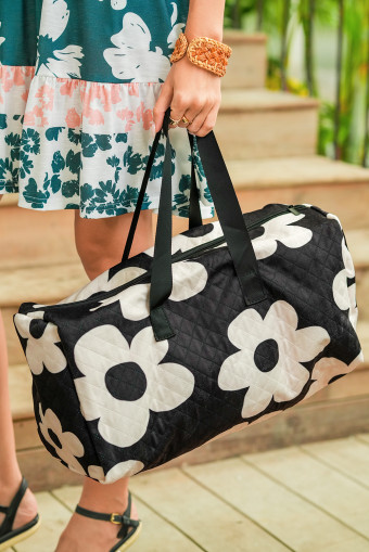 Black Flower Print Quilted Large Duffel Bag
