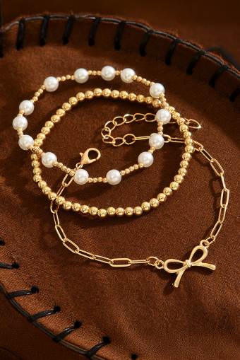 Gold Bow Chain Link Pearl Beaded Multi Layer Bracelet