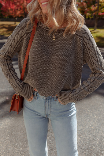Dark Brown Contrast Cable Knit Sleeve Casual Sweater