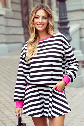 Black Stripe Contrast Ribbed Banding Long Sleeve Blouse Loose Shorts Set
