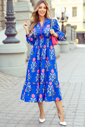 Blue Floral Print Striped Trim Split Neck Long Sleeve Ruffle Hem Midi Dress