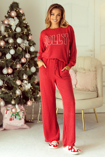 Fiery Red JOLLY Corded Long Sleeve Top and Pockets Pants Set