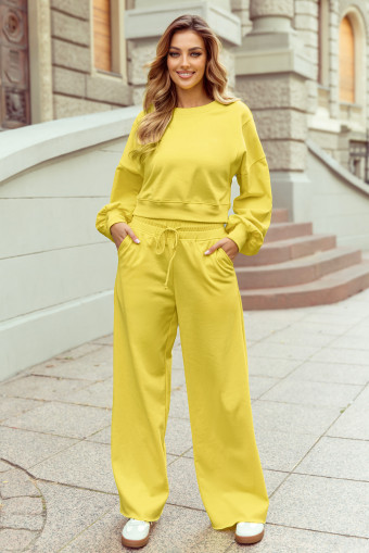 Yellow Cream Drop Shoulder Puff Sleeve Crop Pullover Drawstring Wide Leg Pants Set